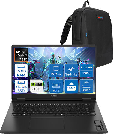 Hp Omen 17-DB1015NT Amd Ryzen Aı 7 350 16GB Ddr5 512GB SSD RTX5060 8gb Gddr7 17.3 Inç Fullhd (1920 x 1080) 144Hz 7ms 300NITS IPS Freedos Taşınabilir Bilgisayar C2EZ5EAF01 + Zetta Çanta