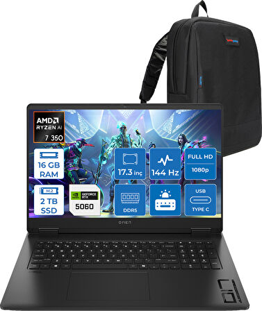 Hp Omen 17-DB1015NT Amd Ryzen Aı 7 350 16GB Ddr5 2tb SSD RTX5060 8gb Gddr7 17.3 Inç Fullhd (1920 x 1080) 144Hz 7ms 300NITS IPS Freedos Taşınabilir Bilgisayar C2EZ5EAF03 + Zetta Çanta