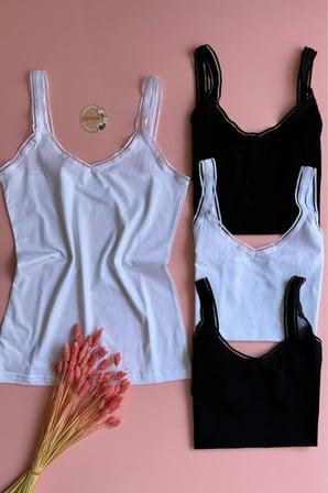 Elva Sheer | 4'lü Siyah Ve Beyaz Renk Tül Detaylı Askılı V Yaka Kadın T-shirt Atlet 64E60
