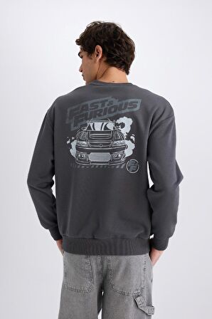 DeFacto Fast & Furious Boxy Fit Bisiklet Yaka Sırt Baskılı Kalın Sweatshirt E1115AX25SPAR104