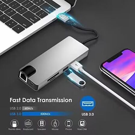Daytona FC09 Macbook Uyumlu Type-C To 4K 1080P Hd HDMI 1000 Mbps Gigabit Ethernet RJ45 Pd Sd Kart 2* USB 3.0 VGA 8ın1 Çevirici Hub Adaptör