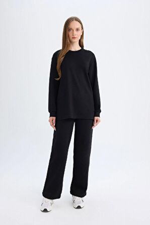 DeFacto Regular Fit Bisiklet Yaka Basic Düz Siyah Sweatshirt Tunik D4598AX24AUBK81