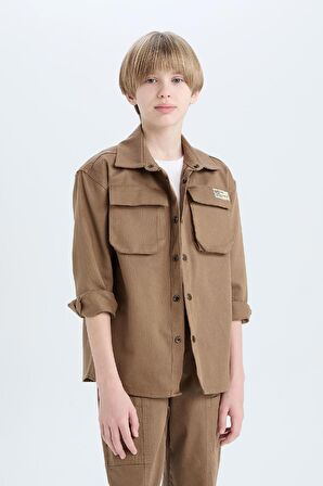 Erkek Çocuk Oversize Geniş Kalıp Polo Yaka Gabardin Uzun Kollu Gömlek