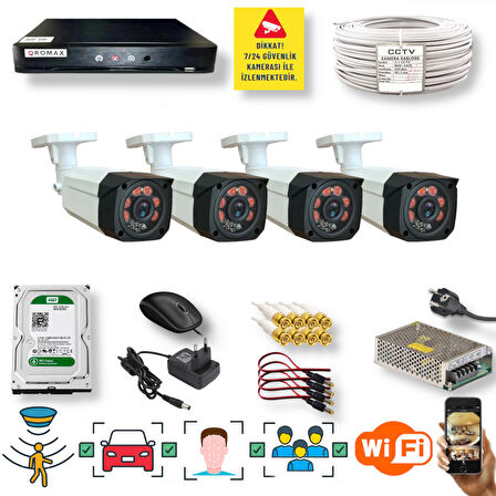 4 Kameralı Set - Araç İnsan Yüz Tanımalı Hareket Algilayan 1080P Gece Görüşlü 5MP Sony Lens Güvenlik Kamerasi Seti 7808-1