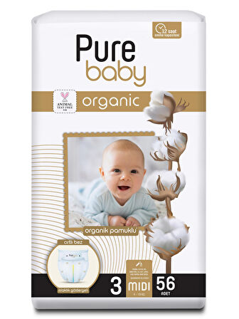 Pure Baby Organik Pamuklu Cırtlı Bez Tekli Paket 3 Numara Midi 56 Adet