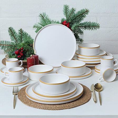 Keramika Mat Beyaz Gold Fileli Stackable Yemek / Kahvaltı Takımı 20 Parça 4 Kişilik 