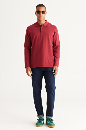 Erkek Bordo Standart Fit Normal Kesim 3 Iplik Içi Polarlı %100 Pamuk Polo Yaka Sweatshirt