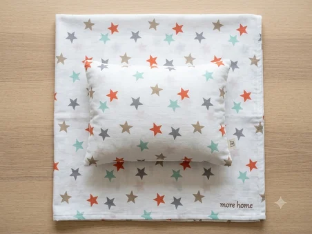 More Home % 100 pamuklu Bebek 90x90 Müslin örtü +35x45 Yastık Kılıfı Yıldız Desenli