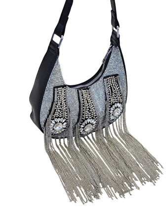 KRİSTAL TAŞ İŞLEME & ZİNCİR PÜSKÜL DETAYLI ( KÜÇÜK BOY ) EL-OMUZ ABİYE ÇANTA