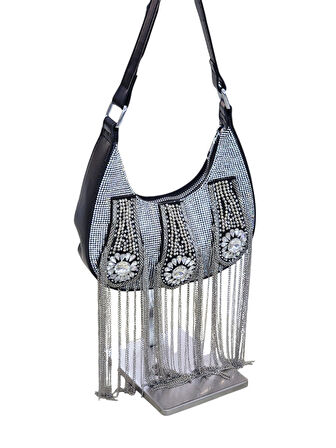 KRİSTAL TAŞ İŞLEME & ZİNCİR PÜSKÜL DETAYLI ( KÜÇÜK BOY ) EL-OMUZ ABİYE ÇANTA