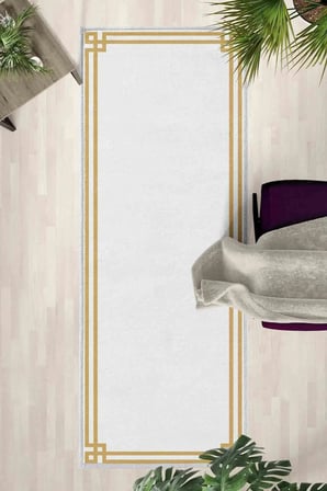 Çerçeve Klasik Boş Gold Yıkanabilir Yolluk Halı Kaymaz Taban Salon Mutfak Gold