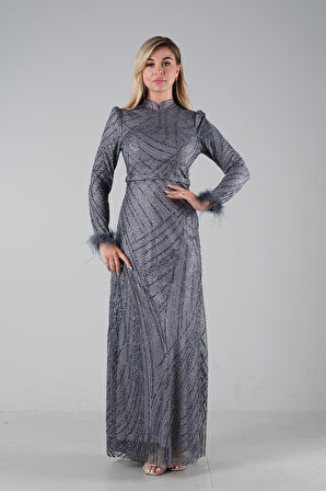Gri Kol Uçları Tüylü Abiye Elbise 6502437.06
