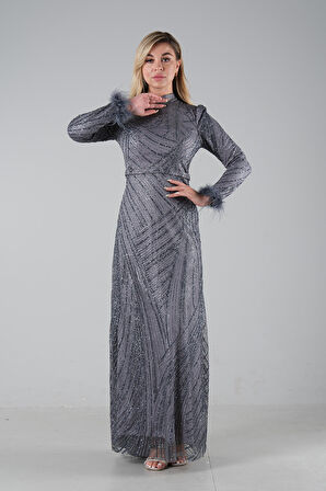 Gri Kol Uçları Tüylü Abiye Elbise 6502437.06