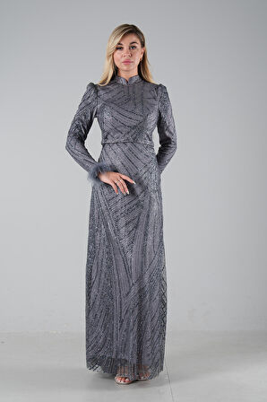 Gri Kol Uçları Tüylü Abiye Elbise 6502437.06