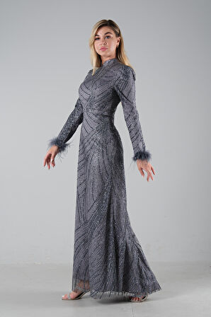 Gri Kol Uçları Tüylü Abiye Elbise 6502437.06