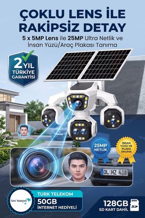 5 Kameralı Güneş Enerjili Kamera 18X Zoom Solar Panelli Profesyonel Dış Mekân Güvenlik Kamerası 50TT