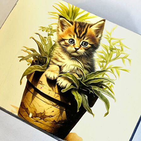 Uretti - Hülya 6683 6791 El Yapımı Nostaljik Retro Kedi Baskılı Kare Ahşap Dekoratif Saklama / Takı Kutusu - Mor