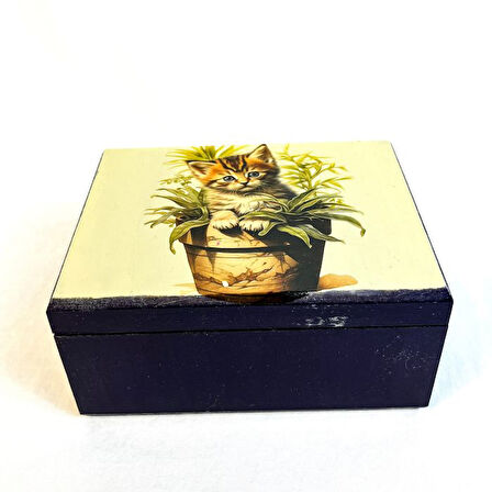 Uretti - Hülya 6683 6791 El Yapımı Nostaljik Retro Kedi Baskılı Kare Ahşap Dekoratif Saklama / Takı Kutusu - Mor