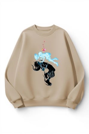 Unisex Yumuşak Dokulu İki Ruh Akışı Baskılı Tasarım Oversize 3 İplik Bisiklet Yaka Sweatshirt