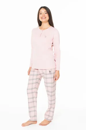 Kadın Uzun Kollu Altı Kareli Pijama Takımı S26169 Bisiklet yaka düğmeli 