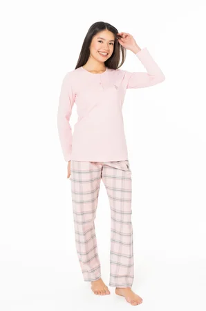Kadın Uzun Kollu Altı Kareli Pijama Takımı S26169 Bisiklet yaka düğmeli 