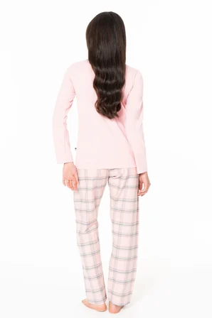 Kadın Uzun Kollu Altı Kareli Pijama Takımı S26169 Bisiklet yaka düğmeli 