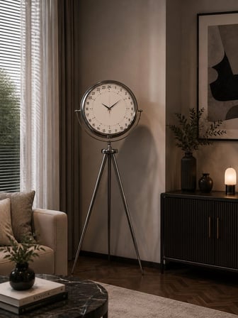 Krom 24 Saat Göstergeli 150 x 45 Cm Metal Özel Tasarım Tripod Ayaklı Saat iegxx