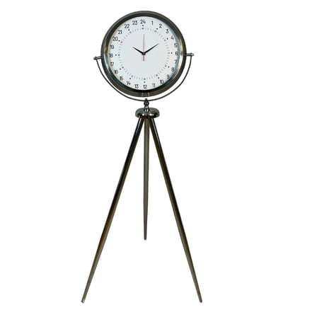 Krom 24 Saat Göstergeli 150 x 45 Cm Metal Özel Tasarım Tripod Ayaklı Saat iegxx