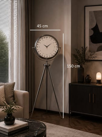 Krom 24 Saat Göstergeli 150 x 45 Cm Metal Özel Tasarım Tripod Ayaklı Saat iegxx