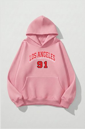 Unisex Yumuşak Dokulu Los Angeles 91 Baskılı Tasarım Oversize 3 İplik Hoodie Sweatshirt
