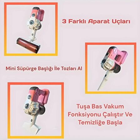 Oyuncak Pilli Dikey Süpürge ve Aparat Seti - Vakumlu Oyuncak Dikey Süpürge (Pembe)