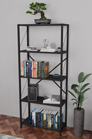 Metal Kitaplık 5 Raflı Dekoratif Kitaplık 150 Cm - Siyah