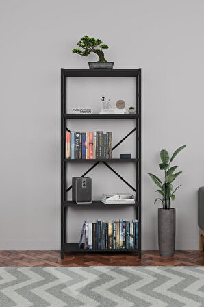 Metal Kitaplık 5 Raflı Dekoratif Kitaplık 150 Cm - Siyah