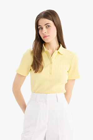 Slim Fit Dar Kesim Fitilli Kaşkorse Kısa Kollu Polo Tişört