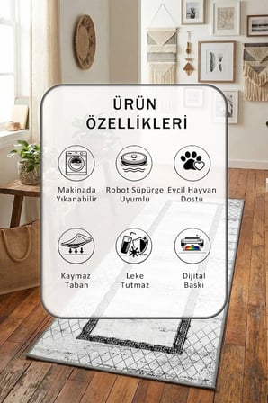 Ok-268 Siyah Beyaz Dijital Baskılı Kaymaz Yıkanabilir Yolluk - Leke Tutmaz