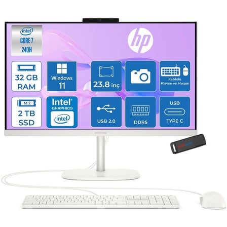 Omnistudio 24-CU0015NT Intel Core 7 240H 5.2 Ghz 32GB Ddr5 2tb SSD Windows 11 Pro Dokunmatik 23.8" Fhd (1920 x 1080) 75HZ Wled IPS Beyaz All In One Bilgisayar HPD62KSEAP11+ Zetta Bellek