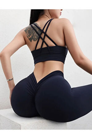 Yüksek Bel Arkadan Sıkıştırmalı V Şeklinde Dekolteli Tayt