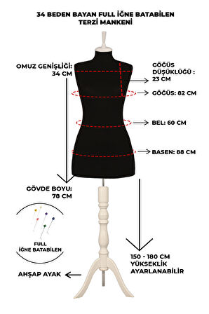 34 Beden İğne Batabilen Terzi Mankeni Prova Mankeni Sünger Manken