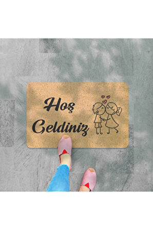 hoş geldiniz yazılır Coco Görünümlü Dekoratif Dış Kapı Önü ve Iç Mekan Paspası