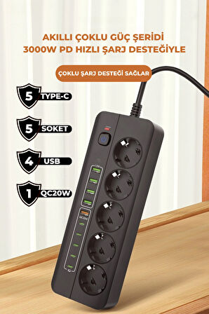 PRO P13 3000W Akım Korumalı 5 Girişli Type-c ve USB Girişli Uzatmalı Grup Priz