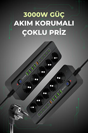 PRO P13 3000W Akım Korumalı 5 Girişli Type-c ve USB Girişli Uzatmalı Grup Priz