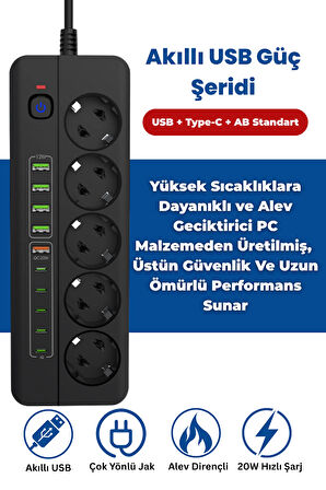 PRO P13 3000W Akım Korumalı 5 Girişli Type-c ve USB Girişli Uzatmalı Grup Priz