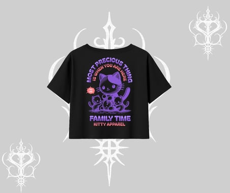 Family Time Yazılı Sevimli Anne Kedi Arka Baskılı Oversize Crop Tshirt