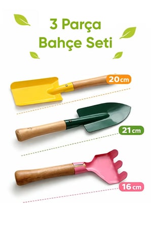 3 Parça Bahçe Plaj Oyuncak Seti Ahşap Saplı Kürek Tırmık Seti