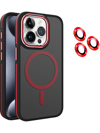 İPHONE 15 PRO UYUMLU MAGSAFE ÖZELLİKLİ SERT KAPAK LENS KORUMA KIRMIZI