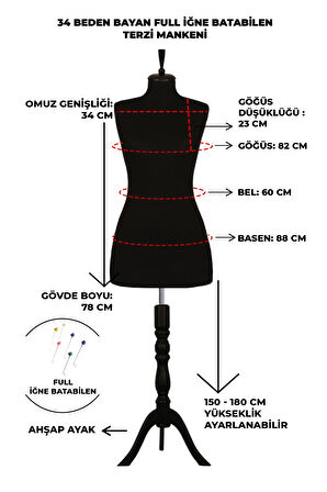 34 Beden İğne Batabilen Terzi Mankeni Prova Mankeni Sünger Manken