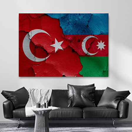 Türkiye Azerbaycan Bayrak Desenli Dekoratif Kanvas Tablo-6516