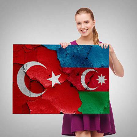 Türkiye Azerbaycan Bayrak Desenli Dekoratif Kanvas Tablo-6516