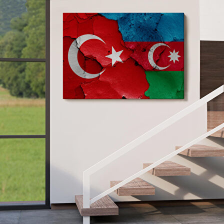 Türkiye Azerbaycan Bayrak Desenli Dekoratif Kanvas Tablo-6516