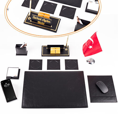 Optima 10 Parça Türk Bayraklı Siyah Deri Sümen Seti Takımı Gold Kalem Ofis Masa İsimliği İsimlik